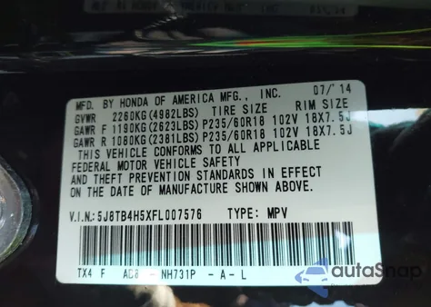 2015 Acura Rdx from USA, damaged, VIN 5J8TB4H5XFL007576